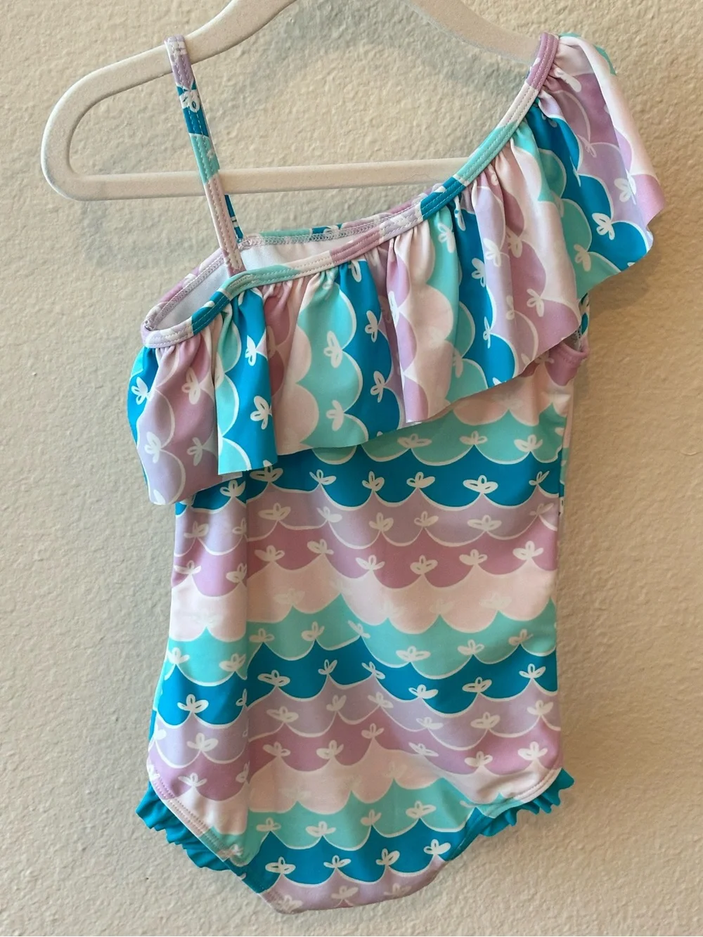 Girls One-Shoulder Ruffle Butts Swimsuit - Pastel Blue & Lilac Mermaid